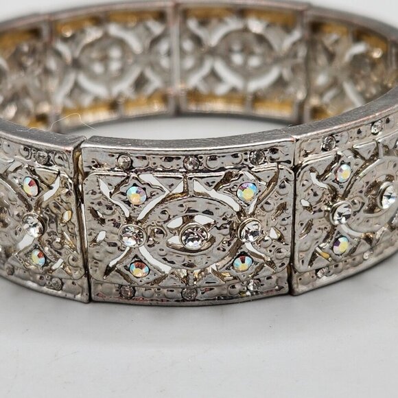 Silver Tone Iridescent Rhinestone Stretchy Cuff Bracelet Formal Statement - Picture 2 of 4
